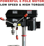 BUCKTOOL 12'' 6 Pole Motor Variable Speed Benchtop Drill Press 360–2000RPM, 3/4HP Powerful Bench Drill Press with Laser and Worklight, Low Speed Tabletop Drilling Machine for Metalworking, Woodworking