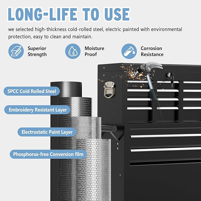 8 Drawer High Capacity Rolling Tool Chest, Metal Tool Box with Wheels and Drawers, Detachable Toolbox with Lock, Heavy Duty Tool Cabinet for Workshop, Warehouse and Garage (Black)