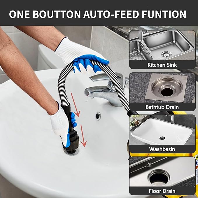 PIONEERWORKS Drain Cleaner Machine 30Ft x 3/10In, Auto-feed Electric Drain Auger for 3/4In - 2In Pipes, Cable in Piano Wire, with Foot Switch, Sewer Snake for Sinks, Toilets, and Floor Drains - DA05