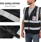 Dib Safety Reflective Mesh Vest High Visibility with Pockets and Zipper, Black Mesh 4X