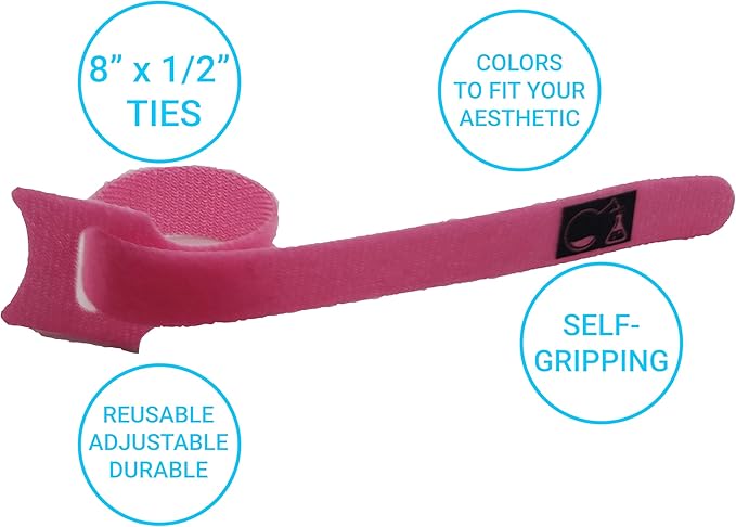 CableLock Cable Ties - 50 Pack - 8 Inch Reusable Cord Organizers - Clean Cable Management for Gaming and Home Office (Pink)