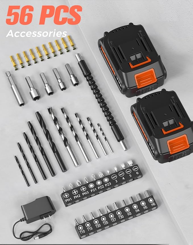 Cordless Drill, 20V MAX Power Drill Set with Dual Power Pack & Charger, 3/8 Inch Keyless Chuck, Variable Speed, 25+1 Position and 56PCS Bits/Screws, Power Tools for Home Projects