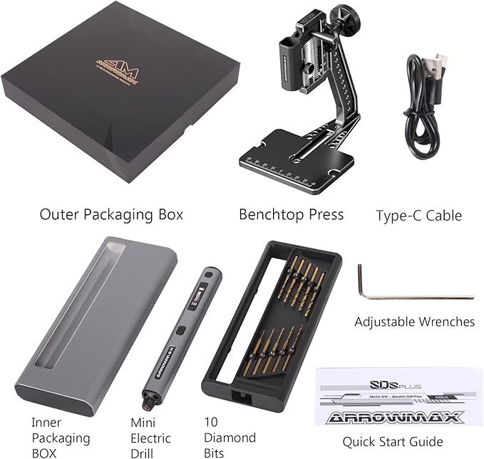 AM ARROWMAX Mini Electric Drill Pen with Benchtop Press, 5-Speed, 10 Small Drill Bits with Aluminium Box, LED Lights, OLED Display, Resin Drill Set For Jewelry Making, Plastic, Wood (SDS PLUS)