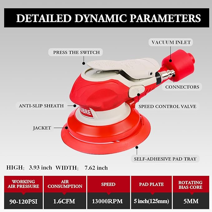 5 Inch Air Sander with vacuum – 13000RPM Pneumatic da Sander for auto body, Palm Random Orbital Sanders for Woodworking, Auto Polishing, Metal, and Furniture Sanding – Lijadora Orbital