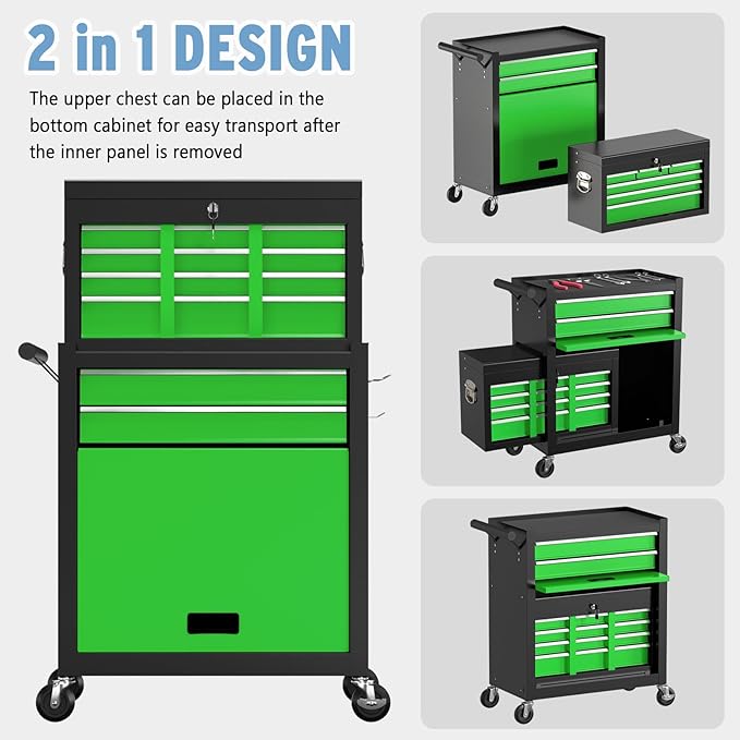 8 Drawer High Capacity Rolling Tool Chest, Metal Tool Box with Wheels and Drawers, Detachable Toolbox with Lock, Heavy Duty Tool Cabinet for Workshop, Warehouse and Garage (Black Green)