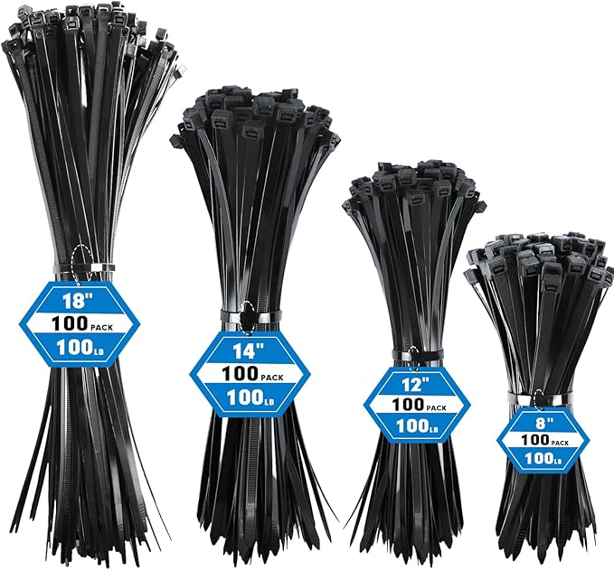 Zip Ties Assorted Sizes, RAZCC 400 Pack (8+12+14+18Inch) Black Cable Ties, Self-Locking Plastic Wire Ties with 100lb Tensile Strength, Black Nylon Zip Ties for Indoor and Outdoor