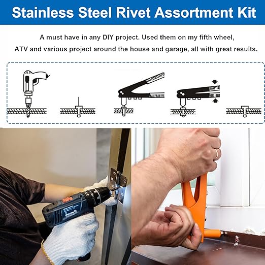 110pcs Steel Rivets 7-Sizes 304 Stainless Steel Rivets Assortment Kit 1/8",5/32",3/16" for Metal,Furniture,Automotive,Instruments