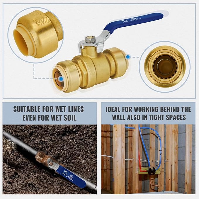 Shut Off Ball Valve 1 Inch, SUNGATOR 1 Inch Ball Valve, Push-to-Connect Water Shut off Fittings with Blule Handle, No Lead Brass Push Plumbing Fittings for PEX Pipe, Copper, CPVC, Pack of 1