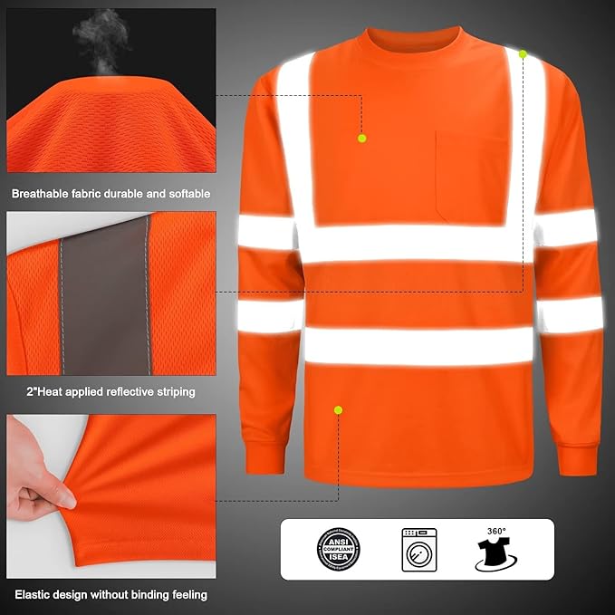High Visibility Class 3 T Shirts，Hi Vis Safety Shirts with Reflective Strips and Pocket, Long Sleeve Quick Dry Mesh Construction Work Shirt for Men/Women Orange,5XL