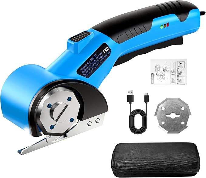 Cordless Electric Scissors, 5V Rechargeable Cardboard Box Cutter Heavy Duty Rotary Tool with Safety Lock & LED Light for Cardboard, Fabric, Box (Blue)