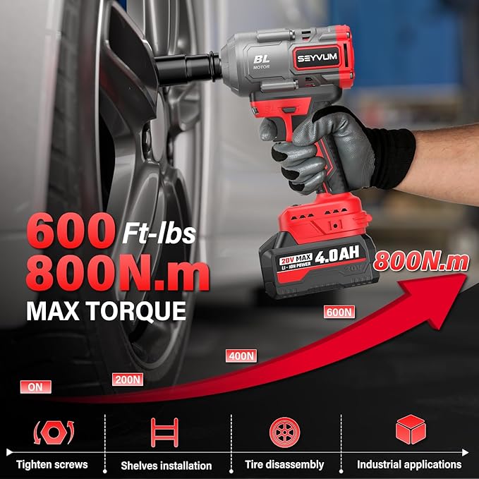 SEYVUM Cordless Impact Wrench, 1/2” Max Torque 600 Ft-lbs / 800 N.m Powerful Impact Gun, 20V 3500RPM Electric Impact Driver, 2 x 4.0Ah Battery & Fast Charger, 6 Impact Sockets, Carrying Case Included