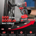 SEYVUM Cordless Impact Wrench, 1/2” Max Torque 600 Ft-lbs / 800 N.m Powerful Impact Gun, 20V 3500RPM Electric Impact Driver, 2 x 4.0Ah Battery & Fast Charger, 6 Impact Sockets, Carrying Case Included