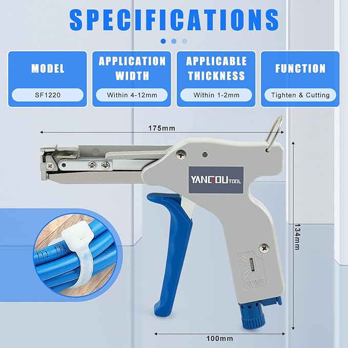 Yangoutool Zip Tie Tool – Continuously Adjustable Cable Tie Gun for Fastening and Cutting Nylon Zip Ties - Fit 4mm to 12mm Wide, 1mm to 2mm Thick Nylon Ties