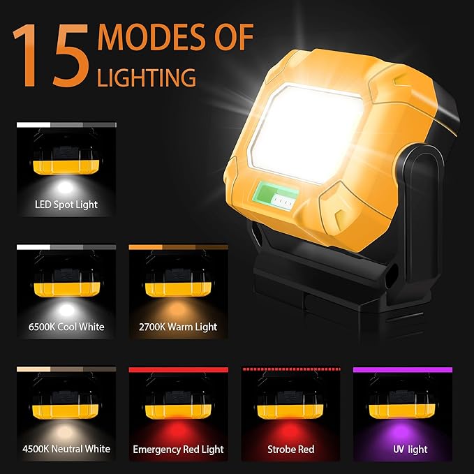 Magnetic Work Light, 1200LM COB LED Rechargeable Work Light with 15 Lighting Modes, 360°Rotatable Flood Lights for Car Repairing, Job Site Lighting Emergency Outdoor Camping Hiking
