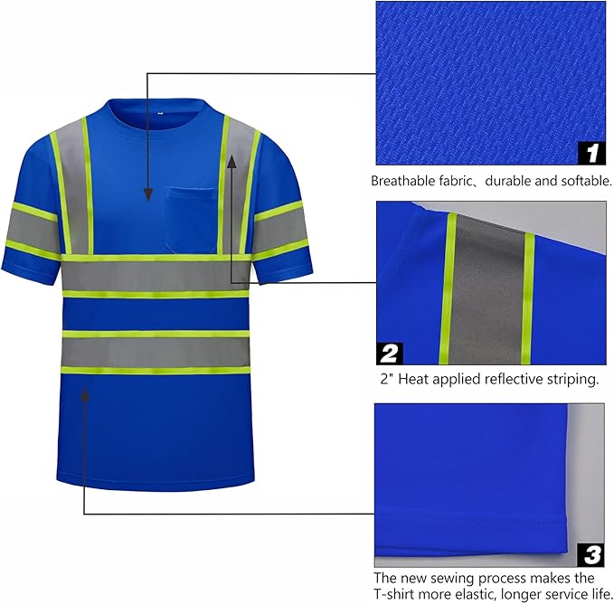 High Visibility Shirts Quick Dry Safety T Shirts with Reflective Strips and Pocket Short Sleeve Mesh Hi Vis Construction Work Class 2 Shirt for Men/Women Blue,XL