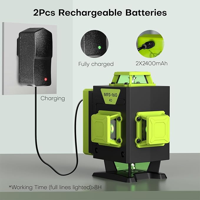 16 Line Laser Level 360 Self Leveling,4x360° Professional 4D Cross Line Green lazer Level with 2 Batteries for Construction and Picture Hanging,Adjustable Brightness Magnetic Bracket,Remote Control