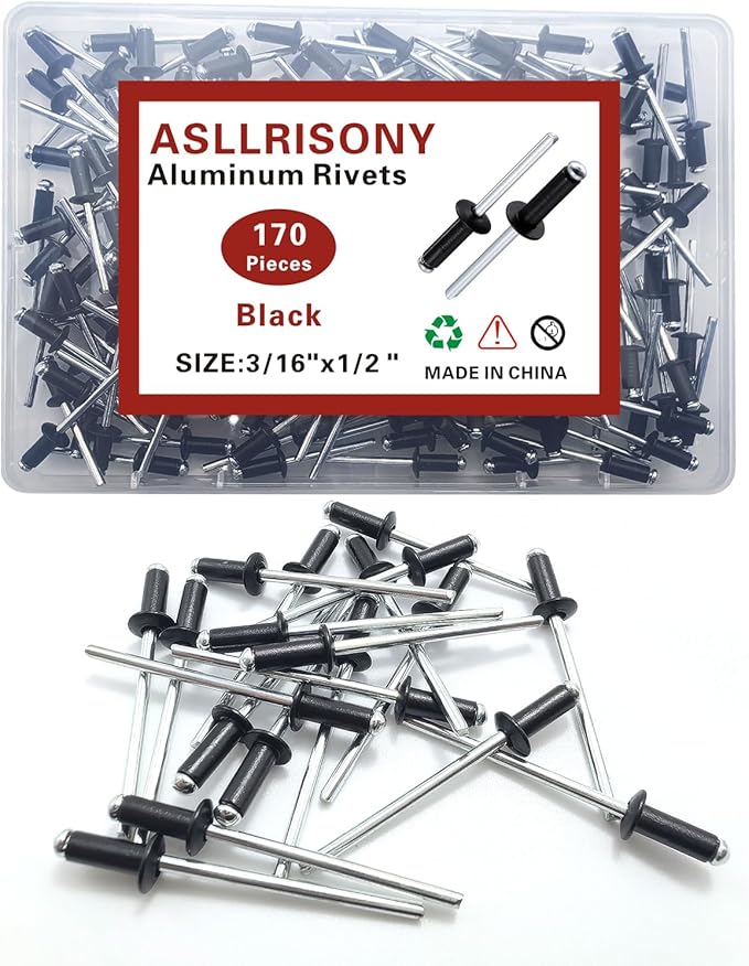 170pcs Black 3/16" x 1/2" Aluminum Blind Rivets, 4.8x 12.7mm Pop Rivets,Aluminum Grip and Steel Mandrel