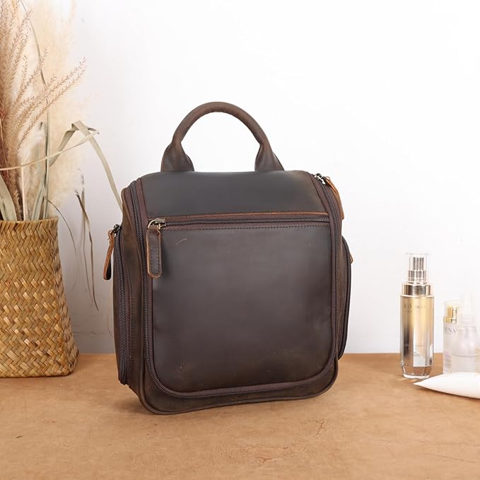 Masa Kawa Leather Hanging Travel Toiletry Bag for Men Portable Expandable Camping Cosmetics Makeup Toiletries Organizer Vintage Bathroom Shaving Kit Brown Wash Bags