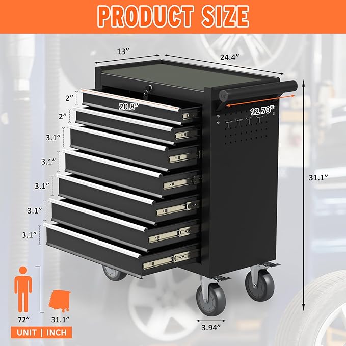 7-Drawer Rolling Tool Chest with Wheels, Metal Tool Box, Large Capacity Tool Storage Cabinet with Keyed Locking, Tool Organizer Box for Garage, Workshop, Warehouse (Black)