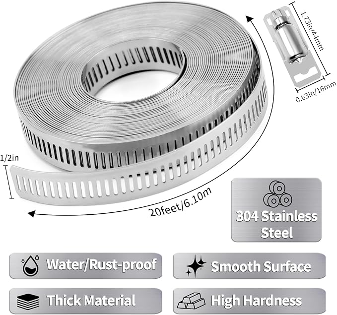 Hose Clamps 20FT Strap+20 Fasteners,DIY Cut-To-Fit 304 Stainless Steel Adjustable Large Worm Gear Band Clamp Assortment Kit,Metal Screw Fasteners and Strapping for Pipe,Duct,Pole,Tube
