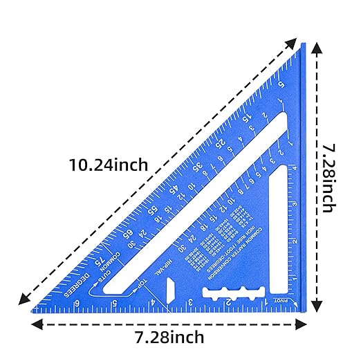Beslands Aluminum 7-inch Rafter Square Carpenter Layout Tool Alloy Triangle Ruler Protractor Blue（Imperial）