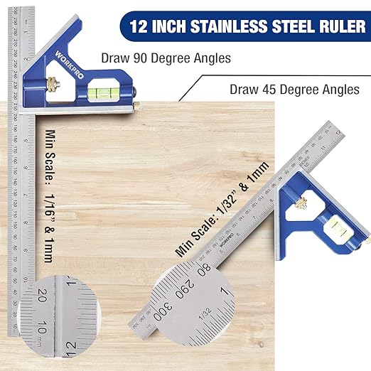 WORKPRO Aluminum Alloy Carpenter Square and Zinc-Alloy Square Ruler Set - 7 in. Rafter Layout Tool and 12 in. Combination Square Combo