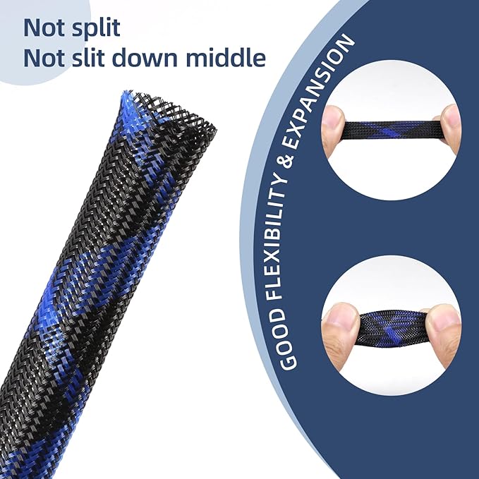 Expandable Braided Sleeving, PET Automotive Wire Loom, Flexible Cable Management for Audio Video and Other Home Device, Cord Protector from Pets (Black Blue, 1/8" x 100ft)