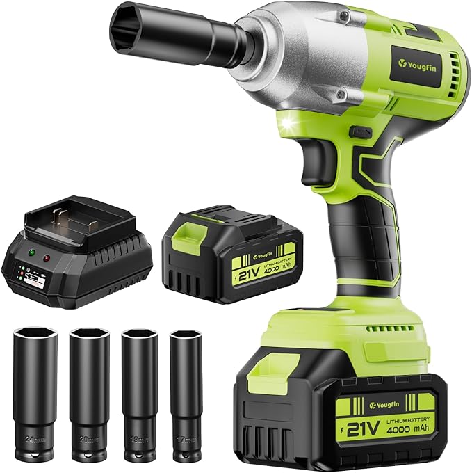 Yougfin Cordless Impact Wrench 1/2 with 550N.M High Torque & Brushless Motor, Power Impact Gun with Li-ion 4.0Ah Battery - Ideal for Automotive Repairs, Home Improvement, Green & Black
