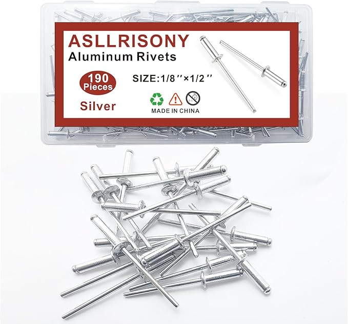 190pcs Silver 1/8" x 1/2" Aluminum Blind Rivets, 3.2 x 12.7mm Pop Rivets,Aluminum Grip and Steel Mandrel