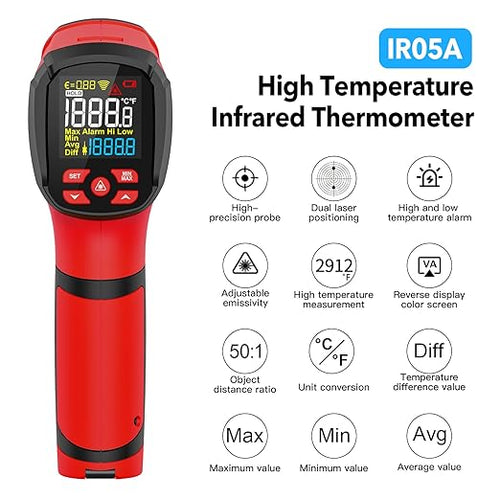 -40℉~2912℉ MESTEK Infrared Thermometer Temperature Gun,50:1 Dual Laser High Temp Thermometer with Thermocouple Probe, Non-Contact Industrial Pyrometer for Engine, Kiln, Forging, Industrial Use