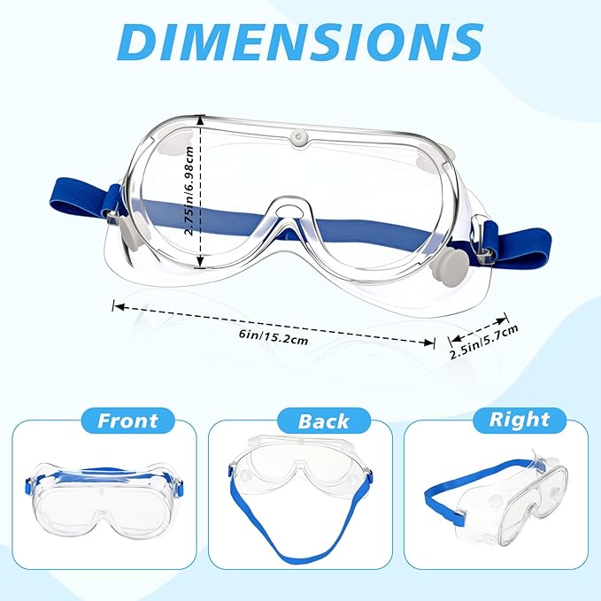 Yunsailing 30 Pack Protective Safety Goggles Clear Lab Over Glasses Anti Fog Eye Protection Goggles for Men Women (Clear Blue)