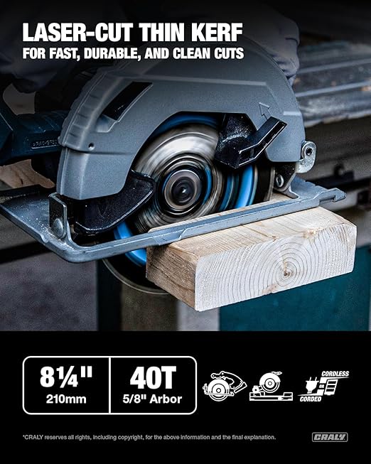 CRALY 8-1/4 Inch 40 Teeth Fine Finish Wood Cutting Circular Saw Blade, 5/8 Inch Arbor, Carbide Tipped, Thin Kerf, Black Ice™ Coating, for Plywood, MDF, OSB, Laminated(C0840FF)