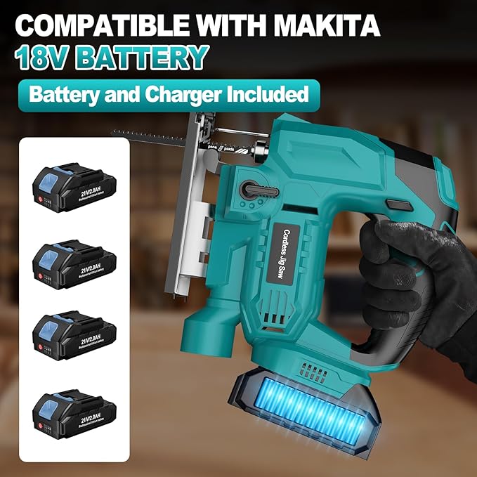 Cordless Jig Saw with Battery & Charger, Jigsaw Tool for Makita 18V Battery, with LED Light, Varible Speed, Bevel Angle (0°-45°), 3-Position Orbital Jig Saw for Wood PVC Metal Cutting