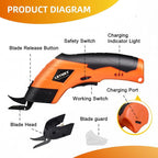 Cordless Electric Scissors, 3.6V Cardboard Cutter with 2 Blades, Rechargeable Electric Fabric Cutter with Safety Lock for Cutting Fabric Carpet Cardboard Leather (Orange)