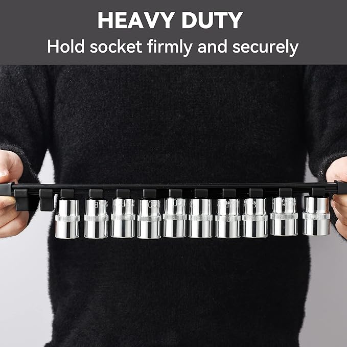 ALOANES 9 PC ABS Socket Organizer, 3/8 inch, Drive Socket Rail Holders, Heavy Duty Socket Racks, Black Rails with Black Clips