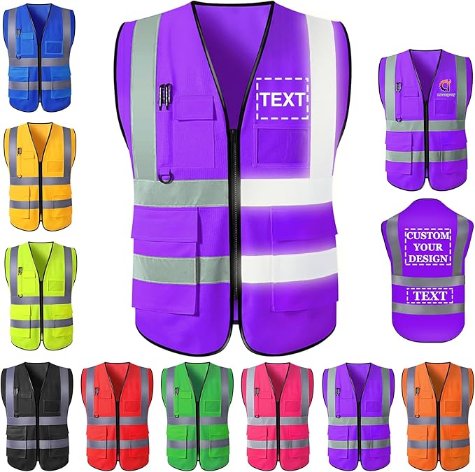 Custom Safety Vest for Men with Logo Pockets Personalized High Visibility Protective Workwear with Reflective Strip