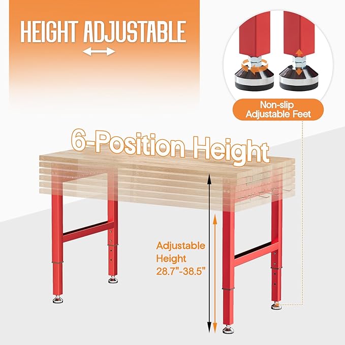 SPECRAFT Red Adjustable Heavy Duty Workbench with 4 AC Outlet and 2 USB Ports Power Outlets, 2000 Lbs Capacity, Rubber Wood Top for Garage, Workshop, Office