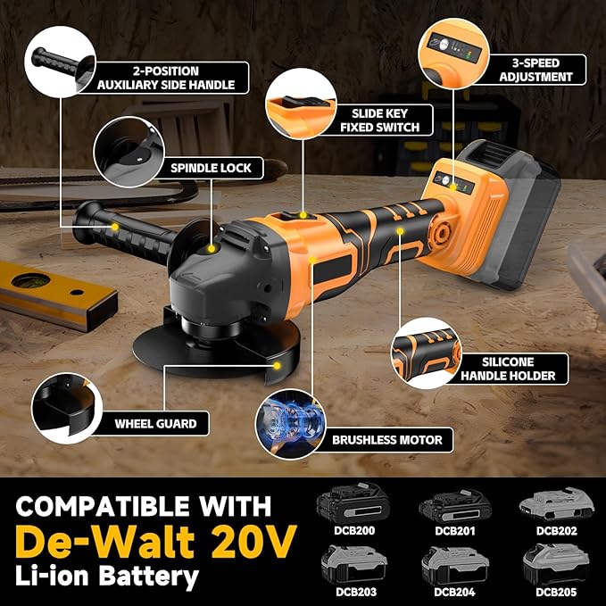 Cordless Angle Grinder for Dewalt 20V Battery, 3 Speed Adjustable Brushless Grinder with Up to 8500 RPM, 5/8''-11 Spindle Portable Grinder for 4-1/2'' Wheels for Cutting, Grinding(NO Battery)