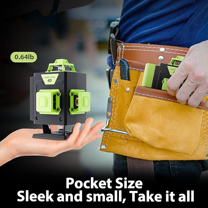 Laser Level 360 Self Leveling, 4 * 360° Green Cross Line Lazer Leveler Tool, Professional 4D Laser Level for Picture Hanging and Construction, Remote Control & 2 Batteries