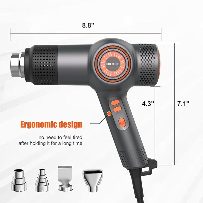 Heat Gun Fast Heating 1800W 122℉-1202℉ LED 3-color light to display temperature Shrink wrap heat gun with 4 Nozzles for Soften,Car film,Drying