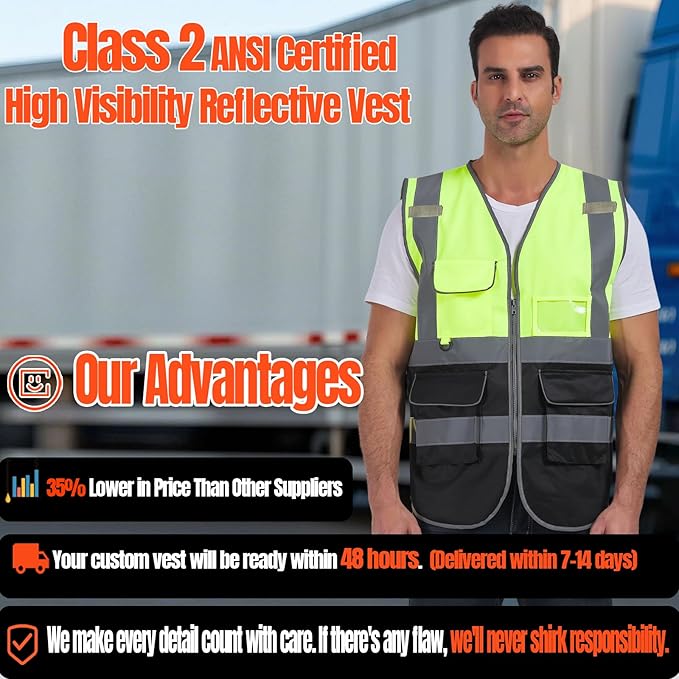 BeautyWill Custom Safety Vest Customized Logo Class 2 High Visibility Reflective Vest with Pockets Construction workwear