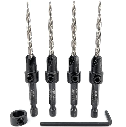 FTG USA Adjustable Wood Countersink Drill Bit Set 4 Pc #8 (11/64") with Tapered Drill Bit for Woodworking