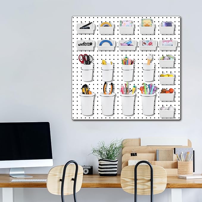 64 Pieces Pegboard Bins Pegboard Cups with Hooks and Loops Peg Hooks Assortment Organizer Accessory for Organizing Accessories Tools Storage Office Workshop Garage Workbench (White)