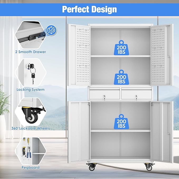 Garage Storage Cabinet with Wheels, Metal Storage Cabinet with 2 Drawers and 2 Adjustable Shelves, Metal Lockers with Pegboards for Homes, Offices, Kitchens, Schools and Pantries, White