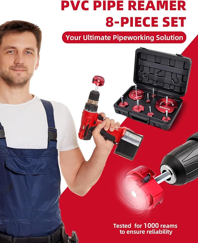 ERAYCO 8PCS PVC Pipe Reamer Kit, Plastic Pipe Fitting Reamer Tool, Fit into Standard 1/2" Drills, PVC Fitting Saver for SCH40 PVC CPVC ABS Pipe (1/2'', 3/4'', 1'', 1-1/2'', 1-1/4'', 2'', 3'', 4'')