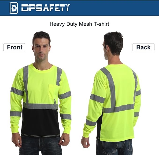 High Visibility Class 3 T Shirts，Hi Vis Safety Shirts with Reflective Strips and Pocket, Long Sleeve Quick Dry Mesh Construction Work Shirt for Men/Women Black Bottom Lime，Small