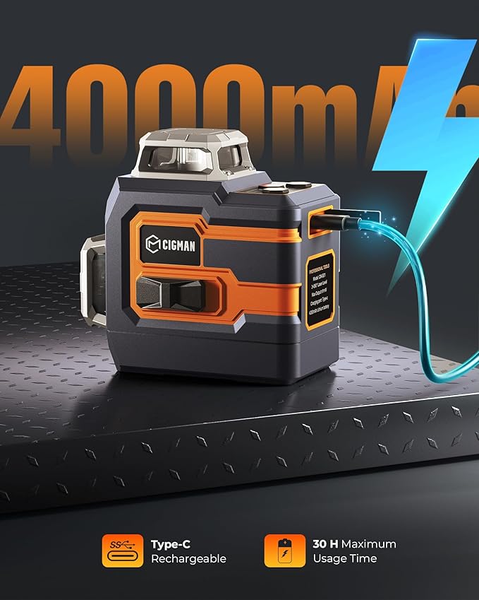 3x360° Laser Level with Remote&APP Control, CIGMAN Green Self Leveling Cross Line Laser for Construction and Picture Hanging, 3D Vertical/Horizontal Line, Magnetic Rotating Stand Included, CM-S01