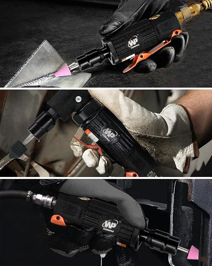 WORKPAD 12PCS Air Die Grinder Set - Straight/Angled Grinder Kit with 1/4 and 1/8 inch Collets, 10-Piece Stone Set, Pneumatic Tools