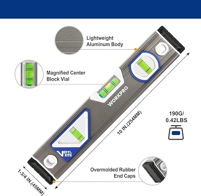 WORKPRO 10 Inch Torpedo Level, Small Leveler Tool, 3 Bubble Vials, Verti. Site, for Conduit Bending, Aluminum Alloy Construction