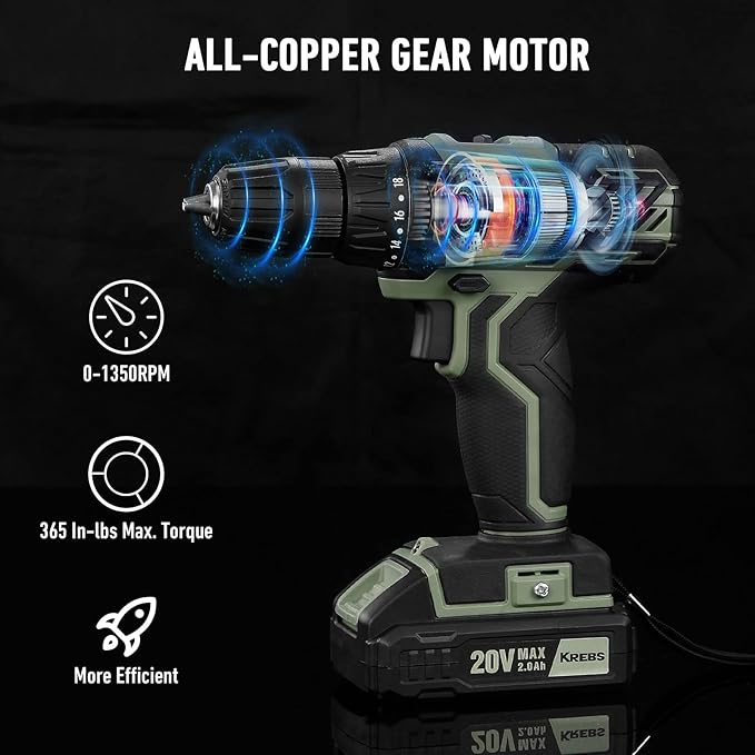 KREBS 20V Cordless Drill Set, Power Drill Kit with 1 Batteries & Fast Charger, 3/8-Inch Keyless Chuck 2 Variable Speed 18+1 Torque Setting and 28pcs Drill Bits